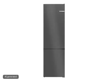 Tall, sleek black Bosch refrigerator with a top fridge section and a bottom freezer drawer.