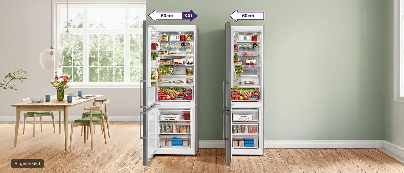 Two refrigerators filled with food in a bright, modern kitchen with a dining table.