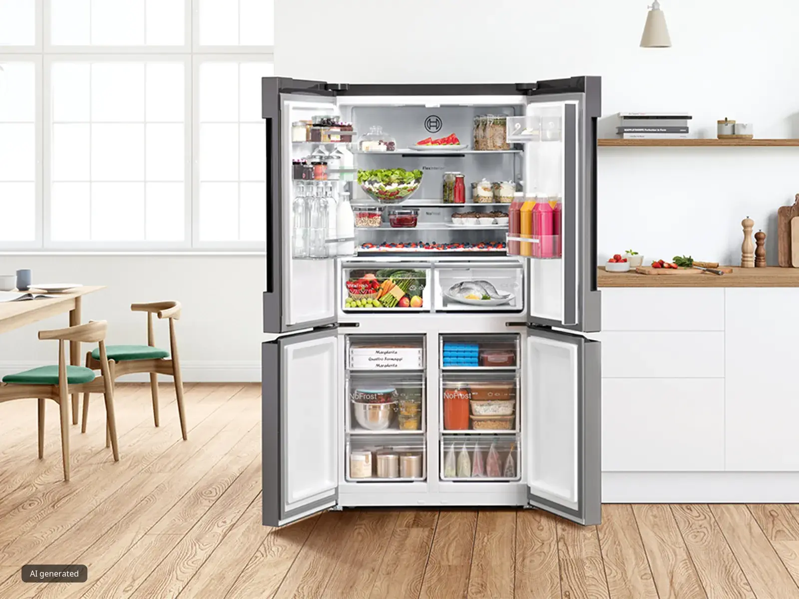 Modern kitchen with open refrigerator displaying various food items and kitchen accessories.