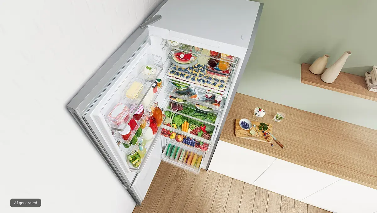 Open refrigerator filled with various fresh foods and drinks.