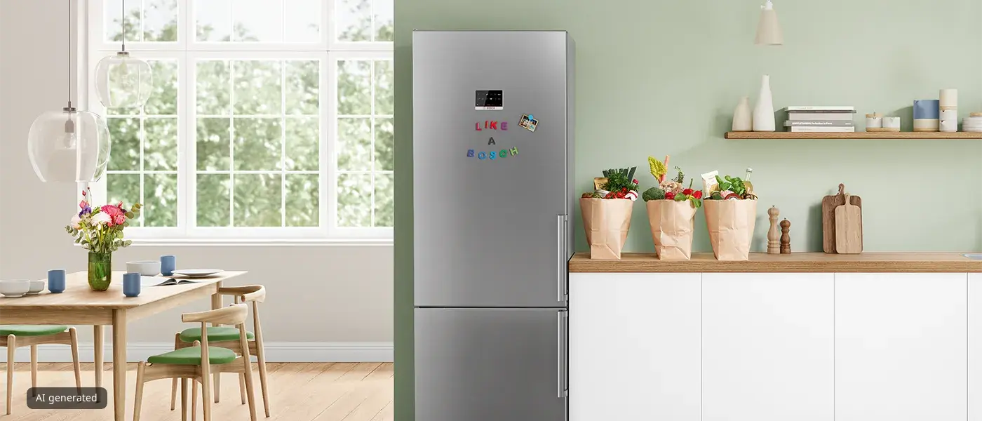 Bright, modern kitchen with large window, wooden table, and refrigerator with magnets on the door.