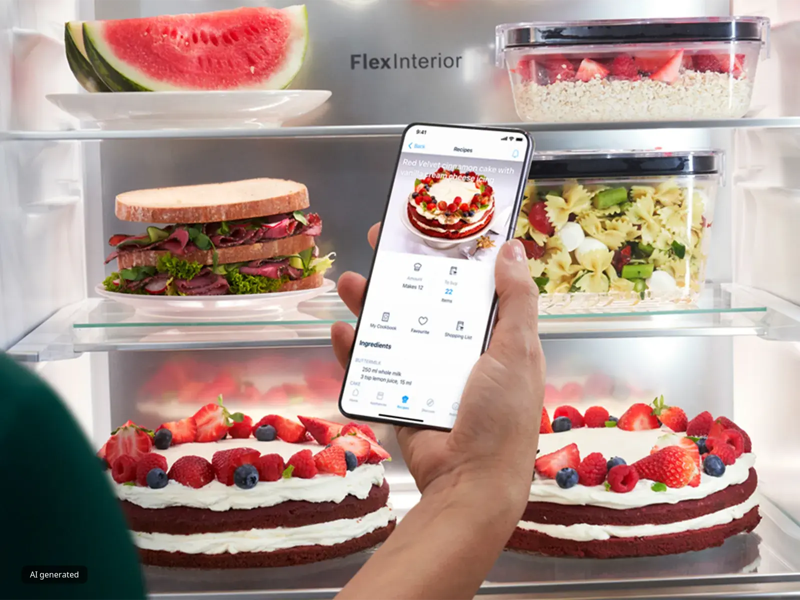 Refrigerator with various food items, including a sandwich, cakes, and fruits. A smartphone is being used to control the refrigerator.