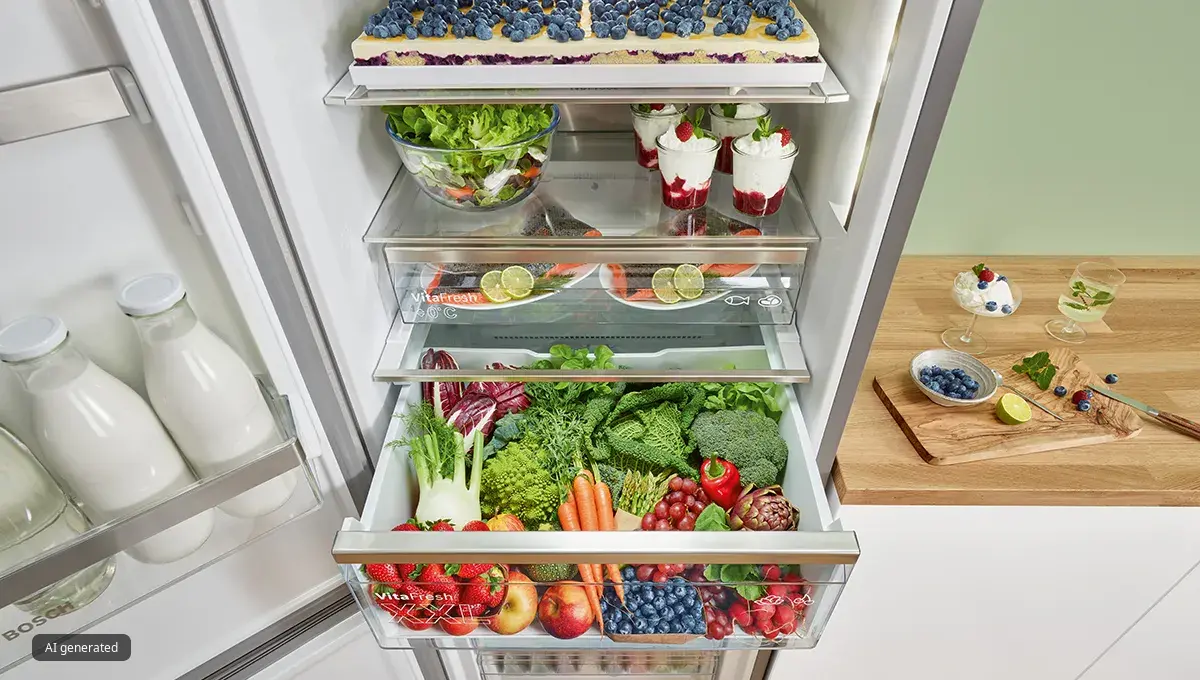 Refrigerator filled with fresh produce, dairy, and other healthy food items.