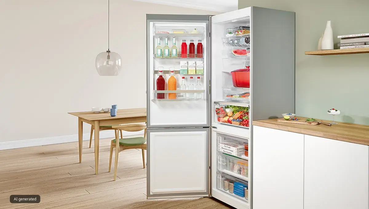 Modern kitchen with open refrigerator displaying various food items and beverages.