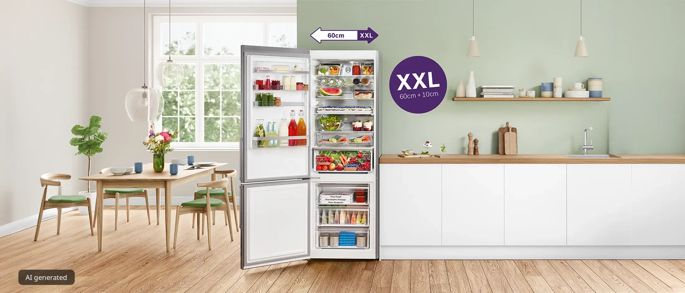 Spacious kitchen with large refrigerator, dining table, and modern decor.
