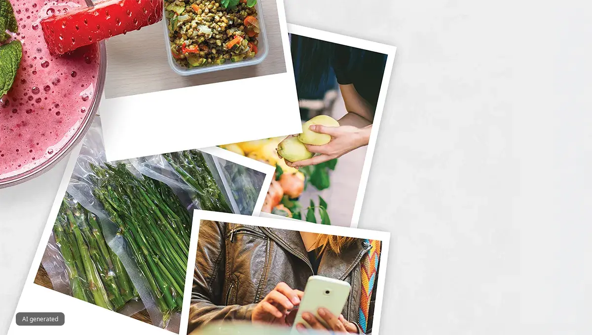Colaj de alimente, produse și mâini care folosesc un dispozitiv mobil. Concept de alimentație sănătoasă și stil de viață.