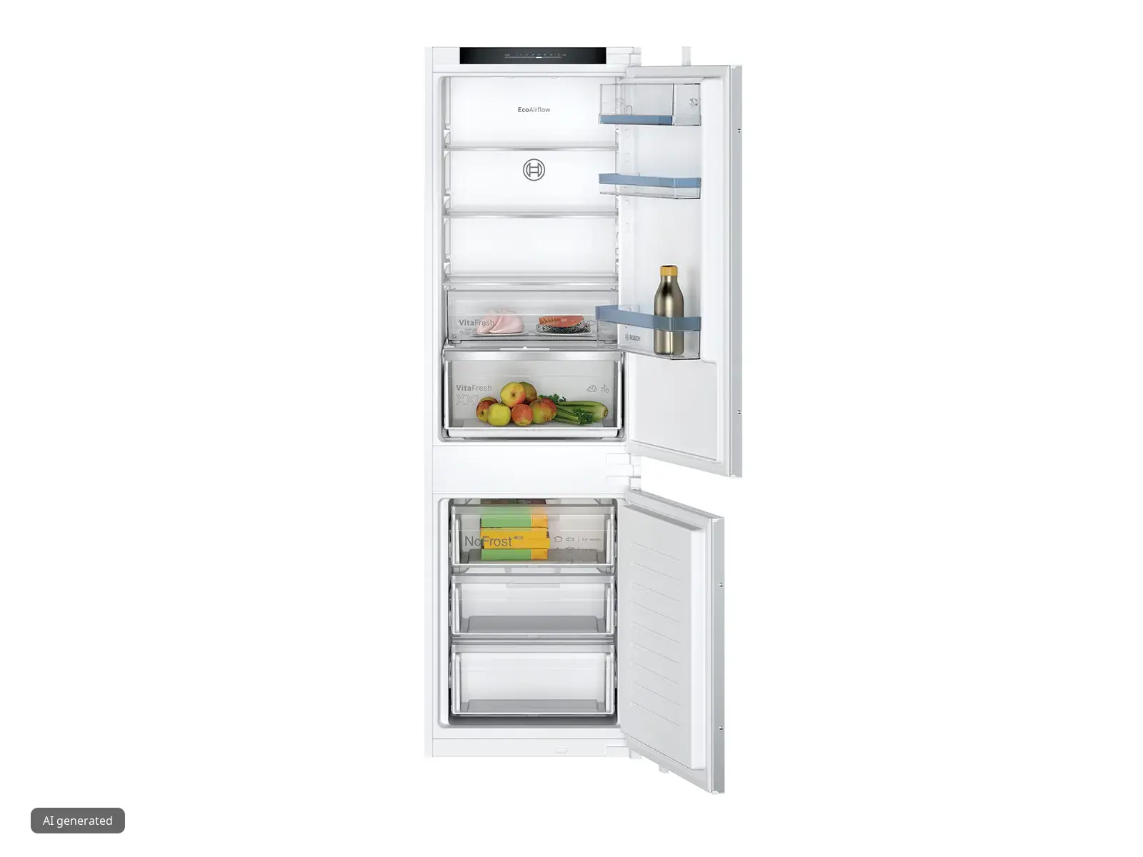 Frigider cu ușile deschise, afișând diverse alimente și rafturi.