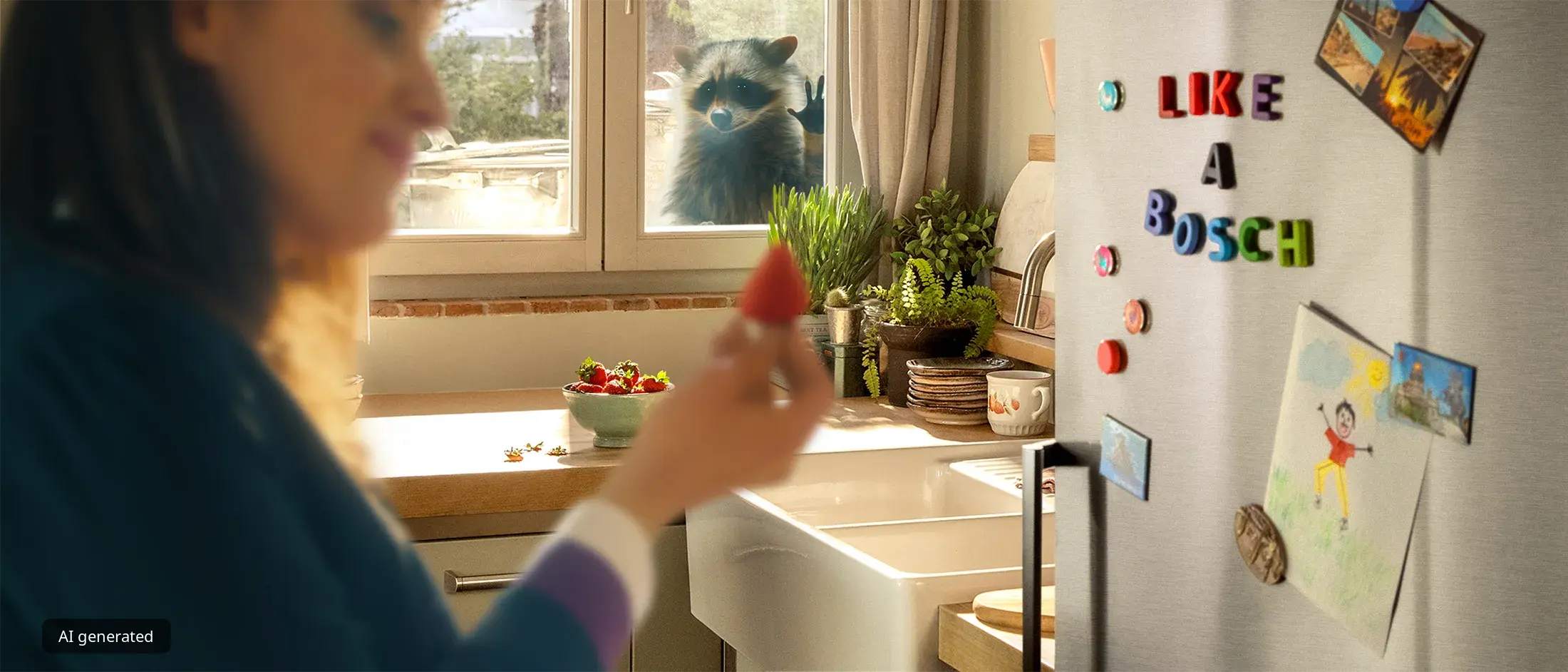 Woman in kitchen, plants, artwork, and "Like a boss" text on wall.