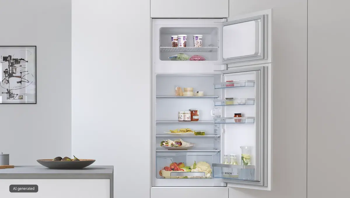 Öppet kylskåp med olika livsmedel och hyllor i ett modernt, minimalistiskt kök.