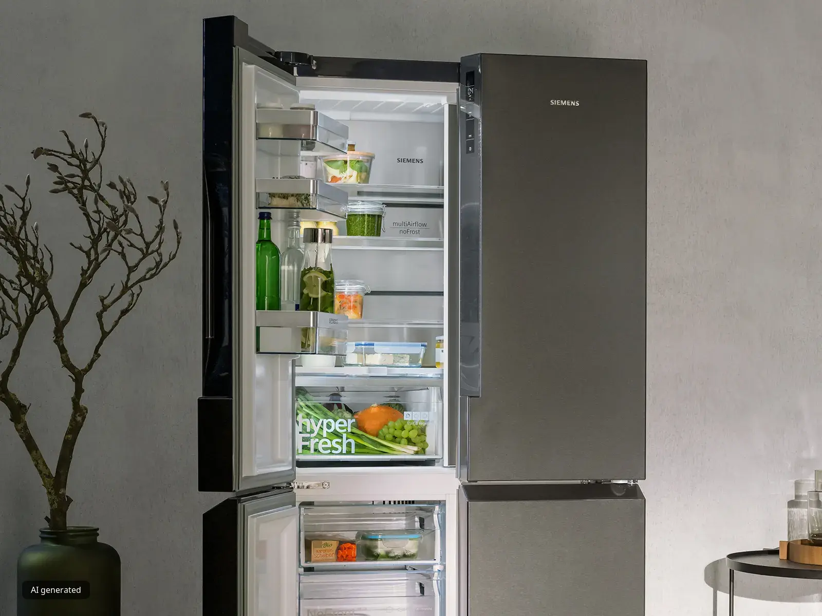 Modernt Siemens kylskåp i rostfritt stål med öppen dörr som visar färska grönsaker, drycker och ljus interiörbelysning i ett minimalistiskt rum.