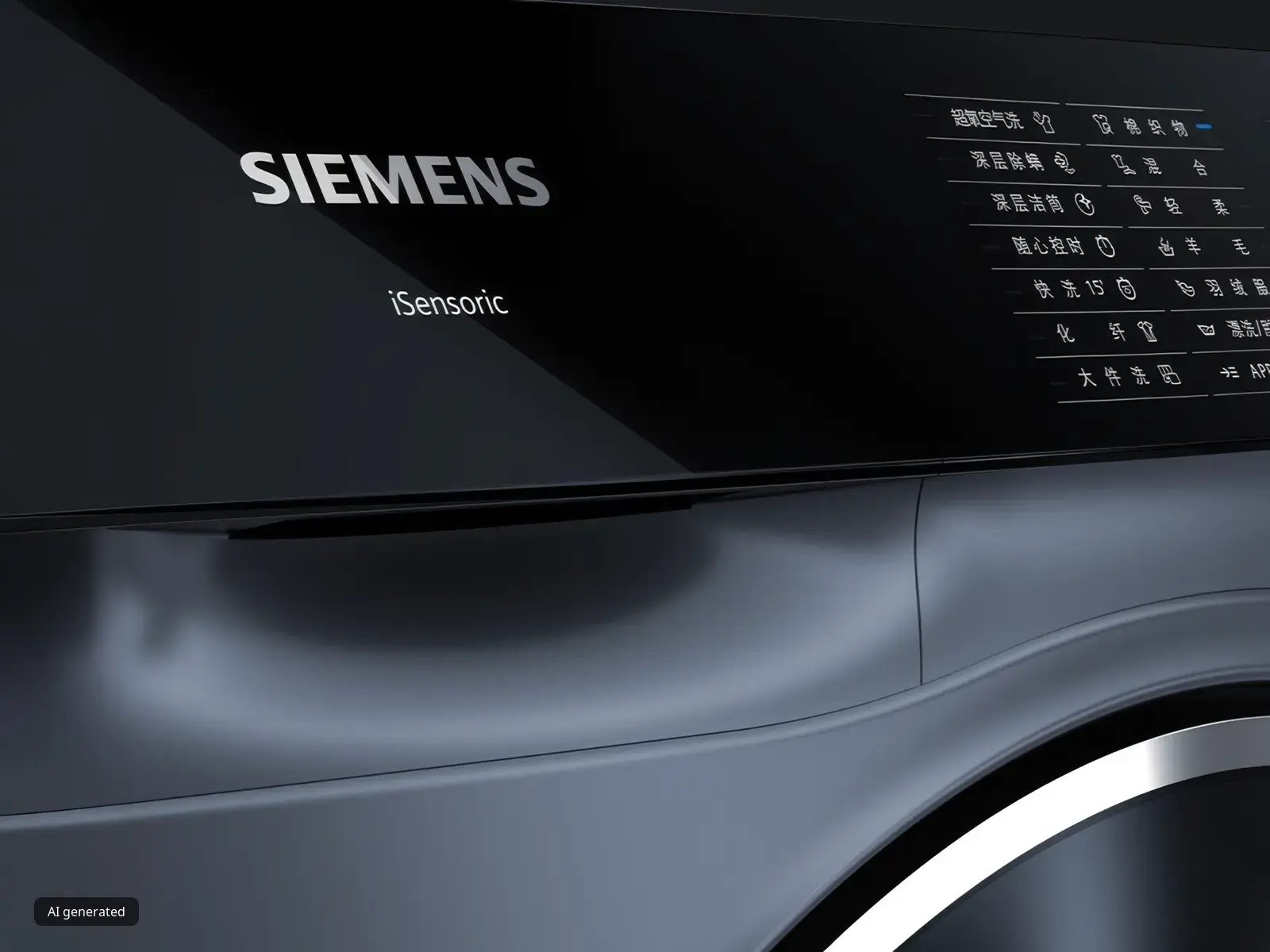 Siemens tvättmaskin med kontrollpanel som visar olika inställningar och information.