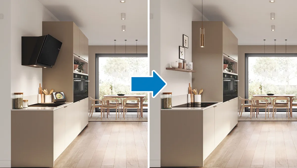 Antes/Después: Cocina con campana montada en la pared reemplazada por una encimera Bosch con extractor integrado para un diseño elegante y abierto.