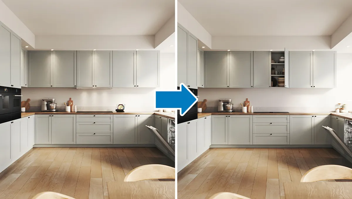 Antes/Después: Cocina con horno/campana tradicional frente a encimera Bosch con extractor integrado, mostrando un diseño moderno y abierto.