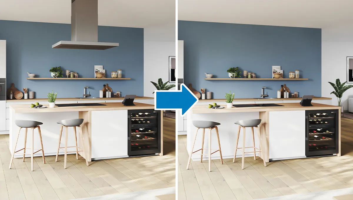 Antes: cocina con campana extractora. Después: la encimera Bosch con extractor integrado crea un diseño de cocina elegante y abierto.
