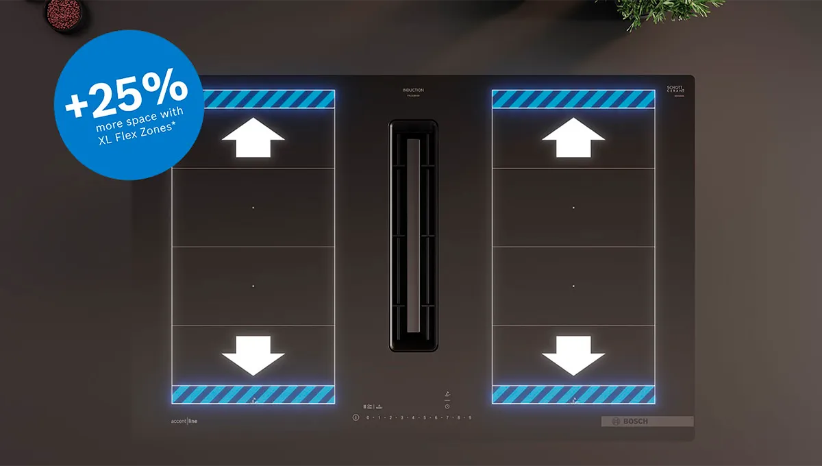 Encimera de inducción Bosch BSH AIM con extractor integrado, destacando un 25% más de espacio con las zonas XL Flex para una cocción flexible.