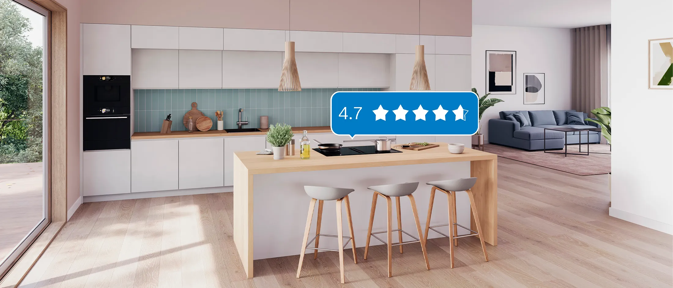 Encimera de inducción Bosch con extractor integrado en una isla de cocina moderna, mostrando una calificación de 4,7 estrellas. Espacio de cocina y living integrado.