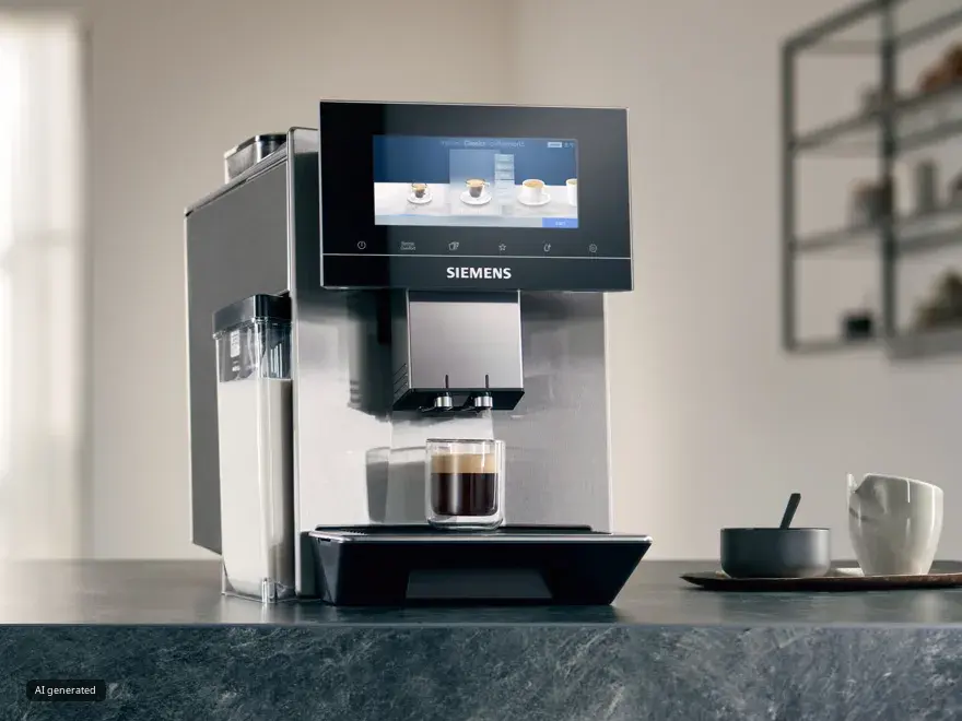 Elegant Siemens kaffemaskin på en mörk bänkskiva i granit, som visar en kopp nybryggt kaffe.
