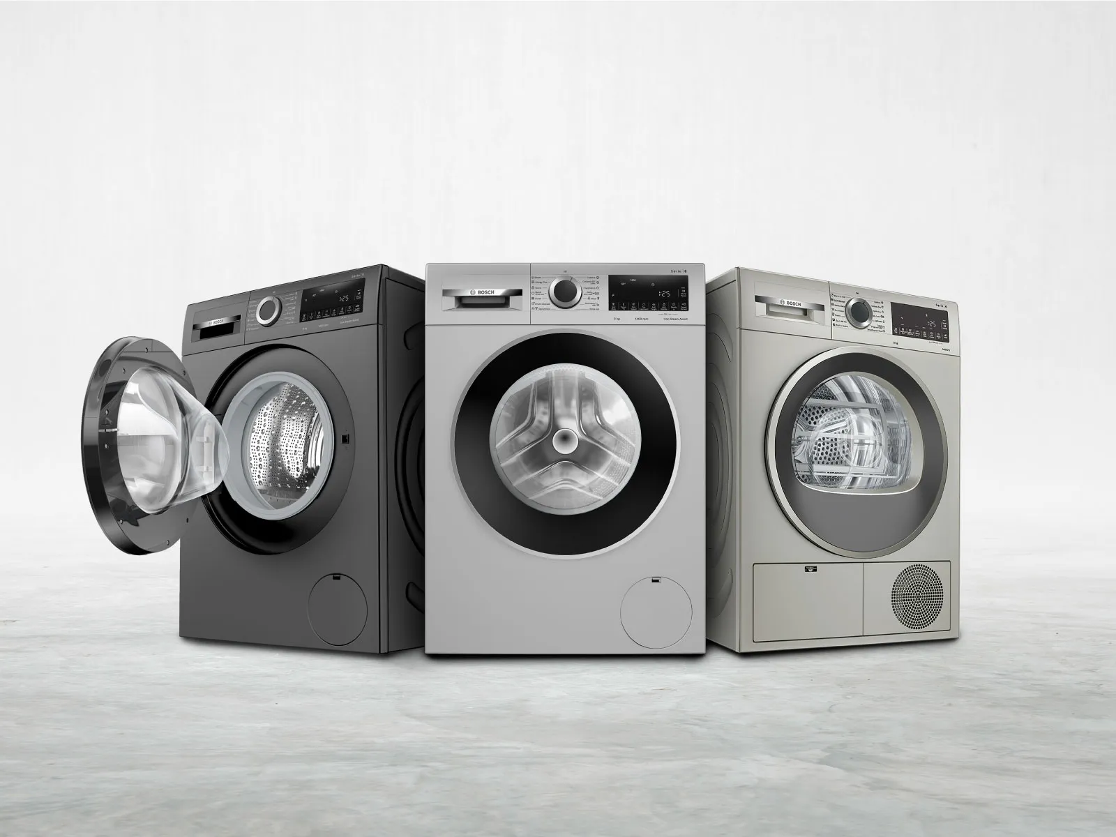 Lineup showing a washer dryer, washing machine and a dryer.