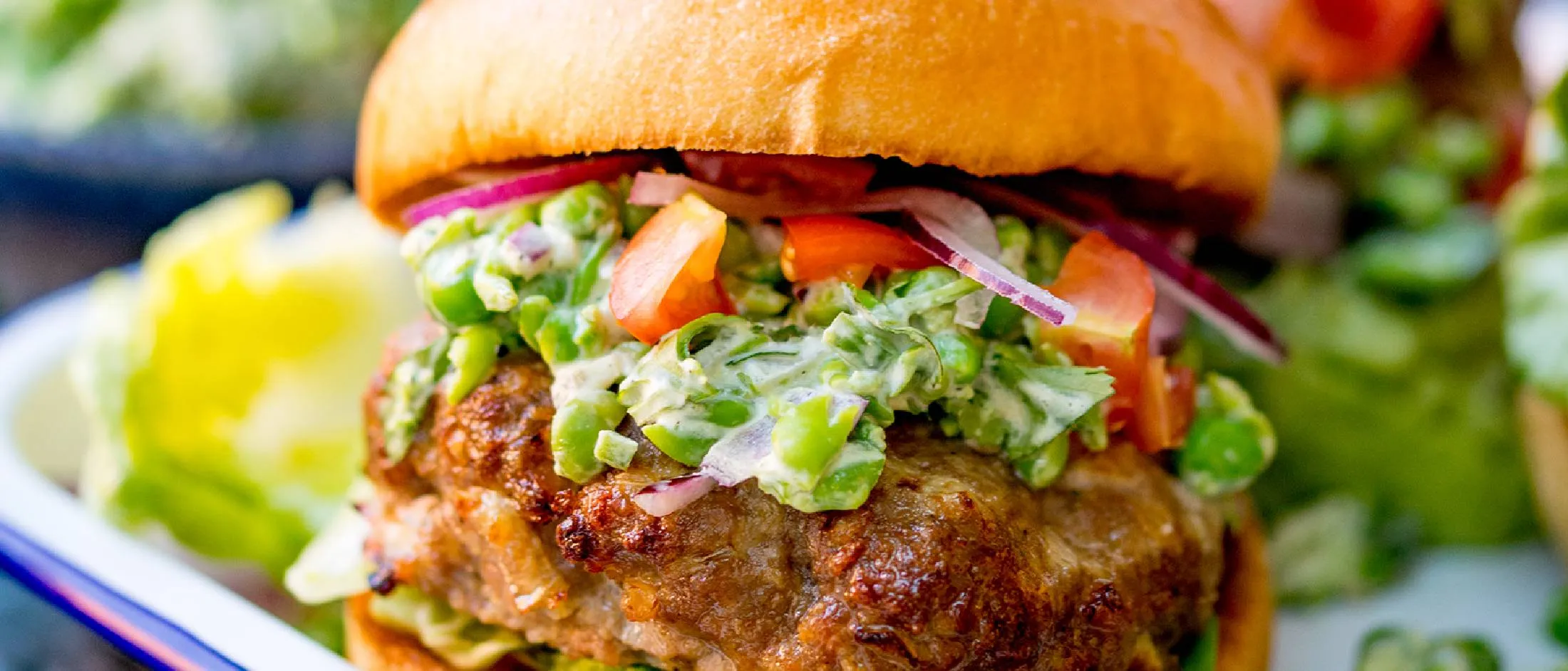 Feta Stuffed Lamb Burgers with Minted Pea Guacamole