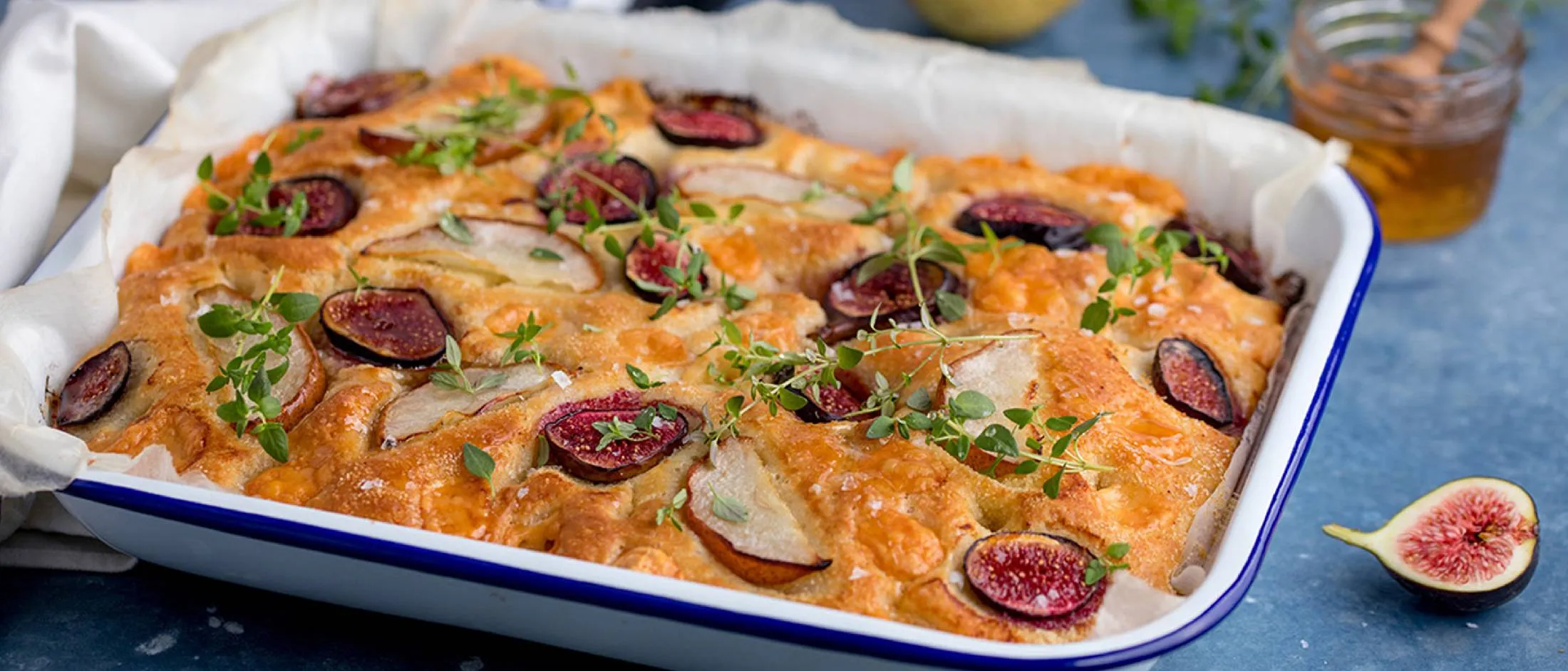 Fig & Pear Focaccia Bread with Manchego Cheese & Honey