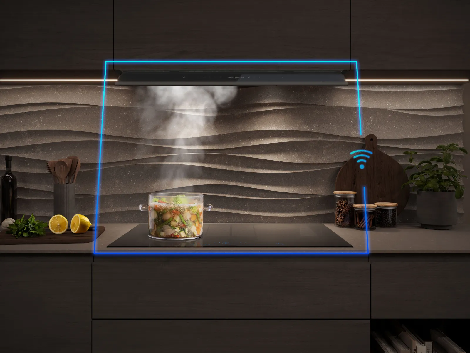 Modern kitchen with steaming pot on induction stove, dark textured backsplash, and smart range hood with Wi-Fi connectivity indicator.
