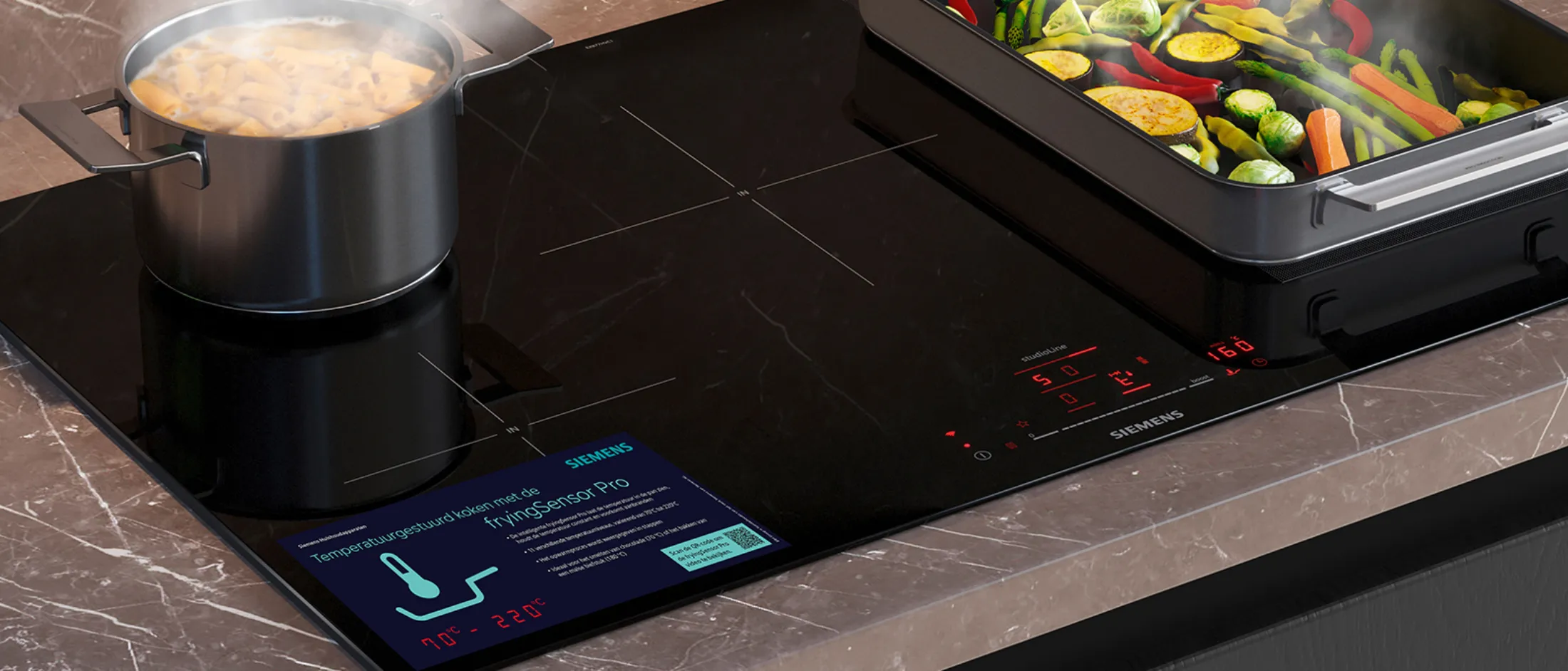 Induction cooktop with a pot boiling pasta and a grill pan cooking sliced vegetables, featuring digital temperature controls.