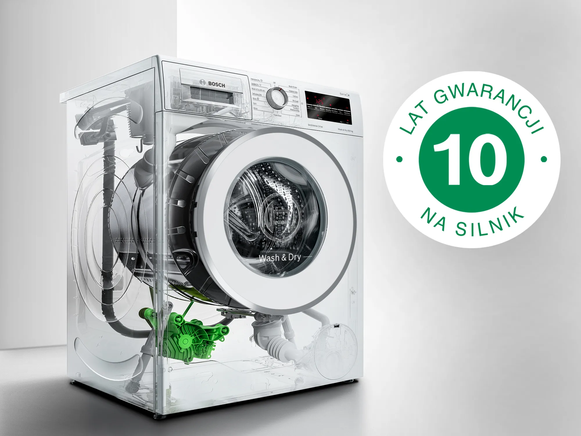 Pralka i ikona z tekstem 10 lat gwarancji