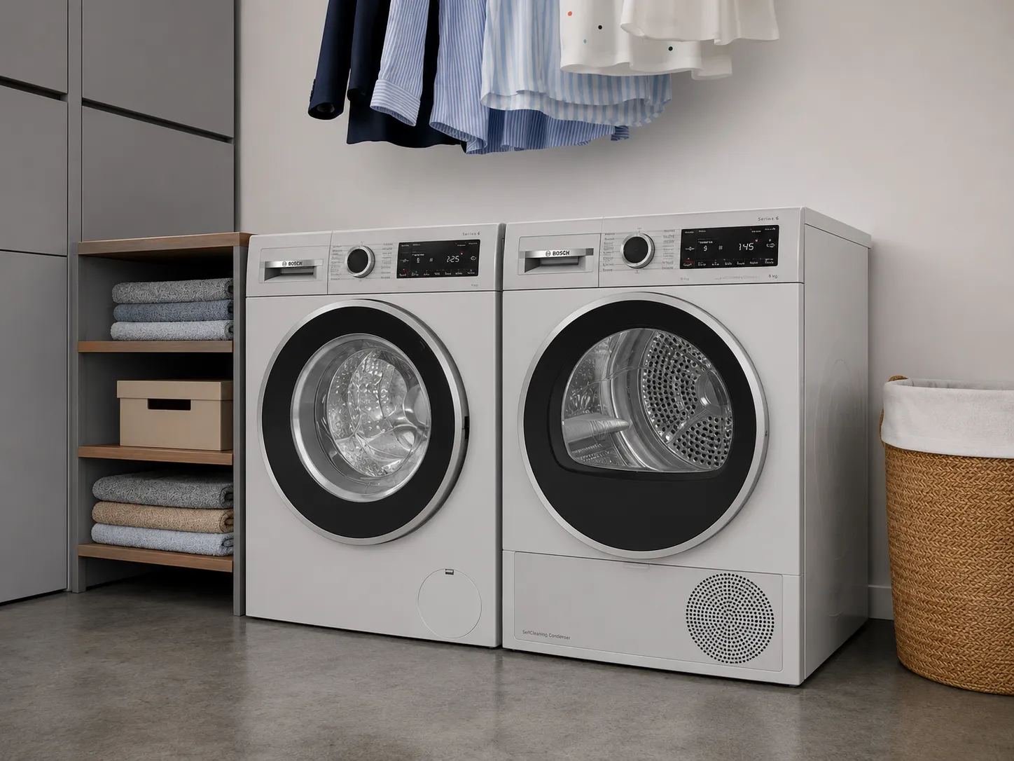 A modern Bosch washing machine and dryer side by side in a clean laundry room.