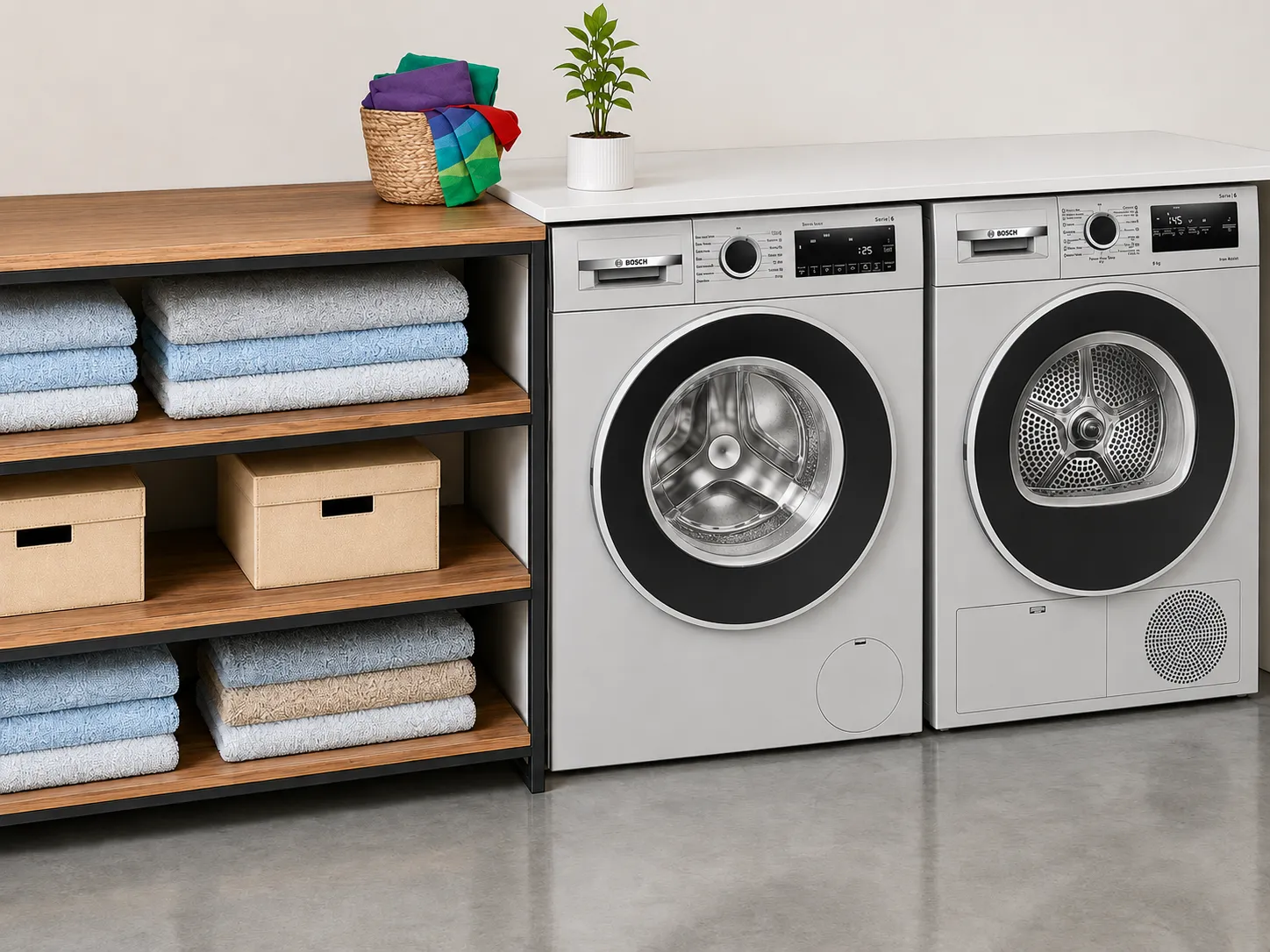 Modern washing machine and dryer set next to a wooden shelf with towels and a plant.