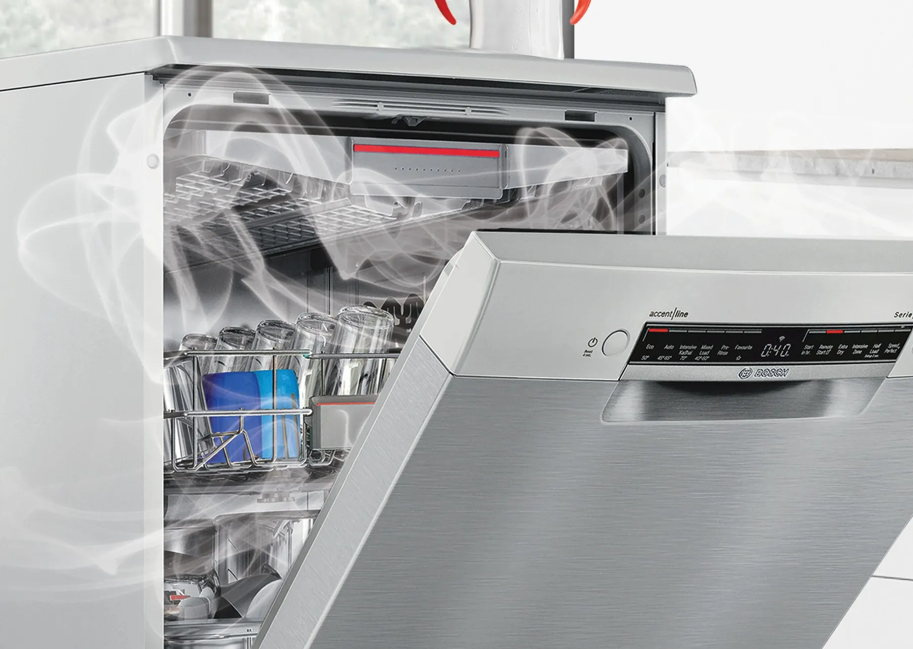 A woman speaking in a kitchen with the Bosch logo and text "Our dishwasher is fully hygienic".