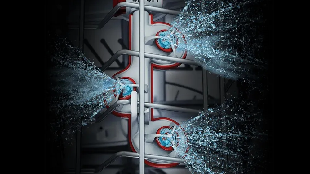 A split image showing dishes being washed inside a dishwasher on the left, and a close-up of an "Extra Clean Zone" with three water-spraying nozzles on the right.