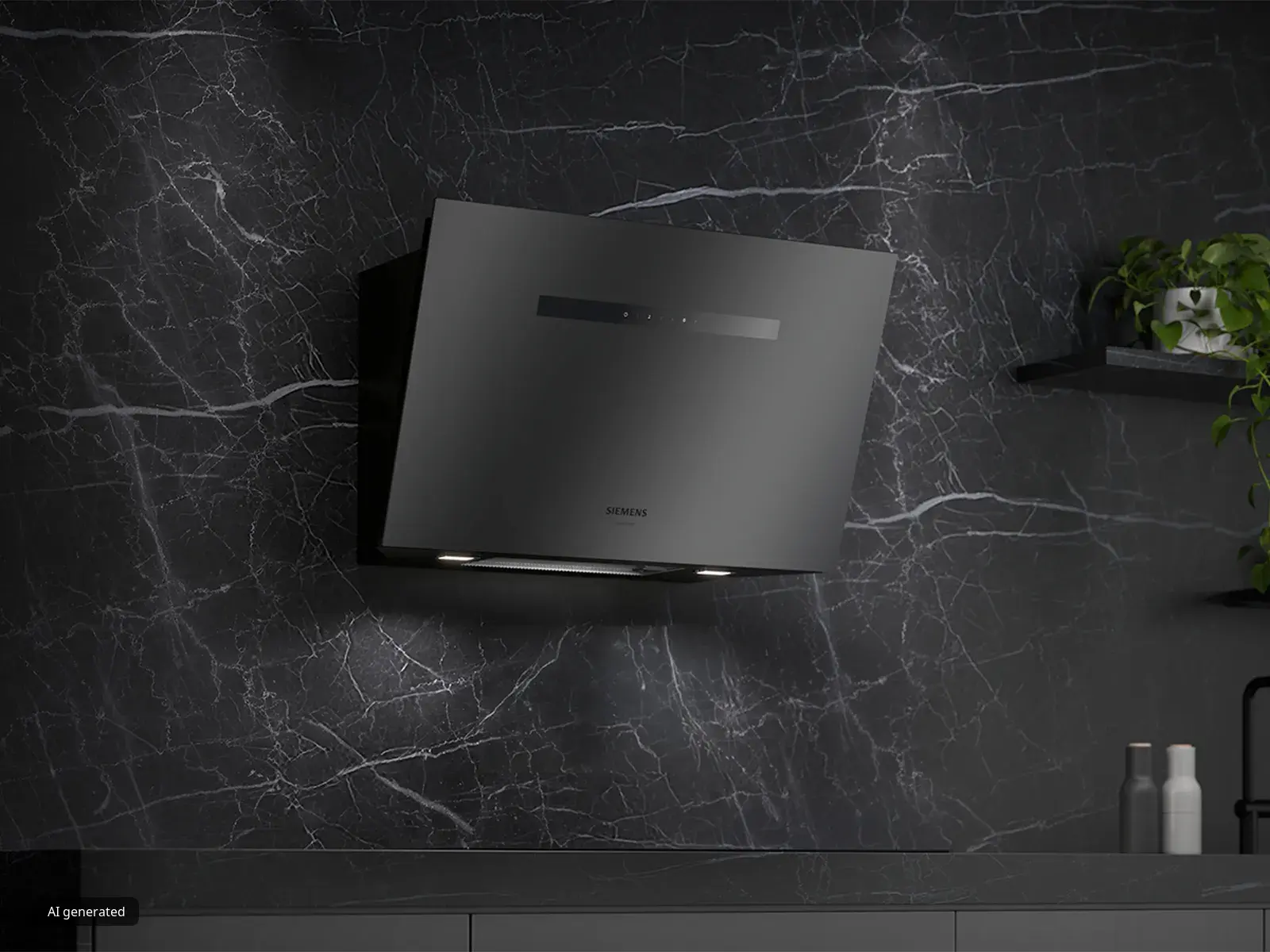 Sophisticated Siemens hood mounted on a dark marble wall, featuring sleek design elements and ambient lighting for a modern look.