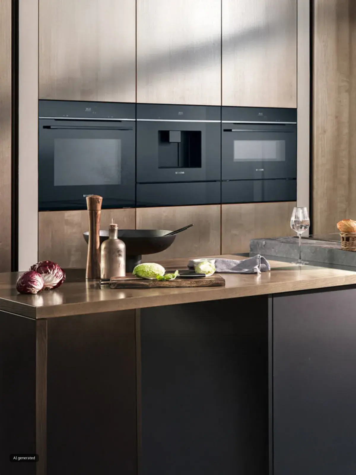 Horno, microondas y cafetera IQ700 integrados en línea en un mueble alto. 