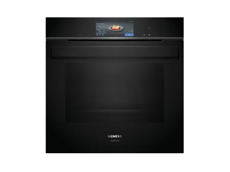 Black Siemens studioLine oven with a digital display showing a lasagna dish and cooking settings.