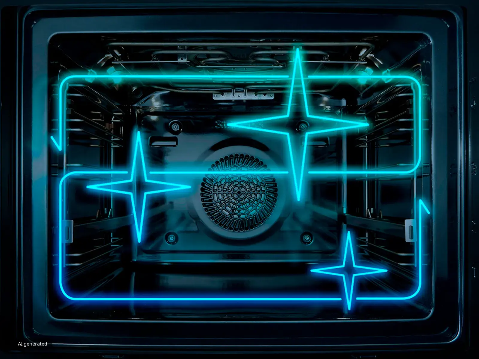 Inside view of an oven with a glowing blue, neon-like airflow pattern highlighting heat circulation.