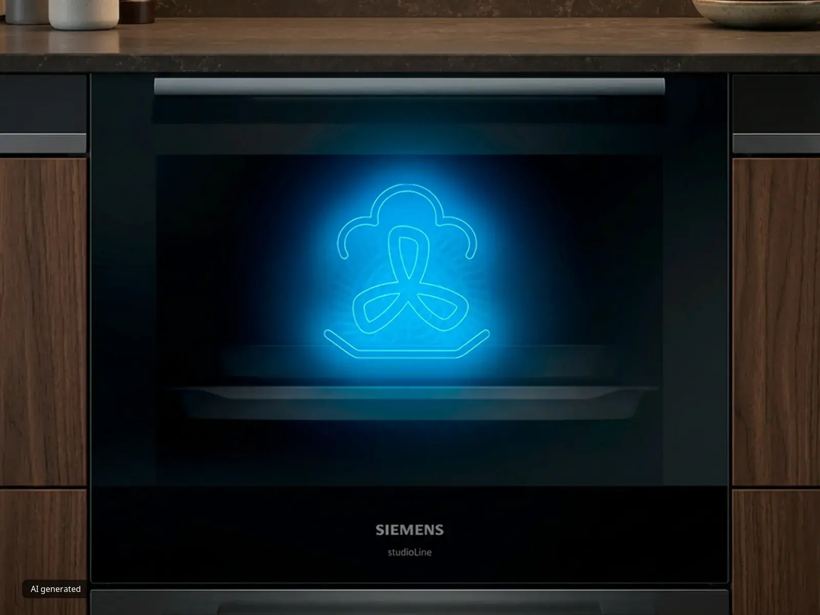 Blue neon biohazard symbol glowing on a dark background with the text "SIEMENS studioLine" beneath it.