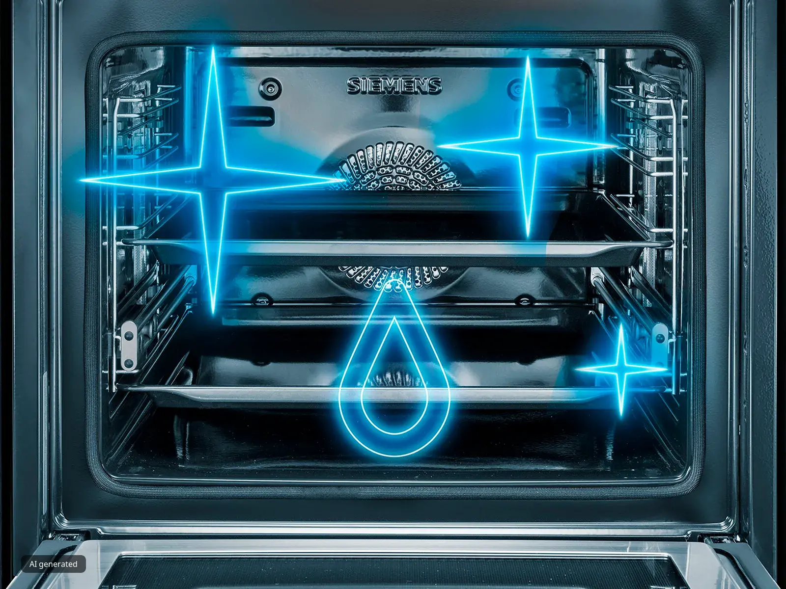 Open oven interior with glowing blue symbols of stars and a water droplet indicating steam cleaning or moisture feature.