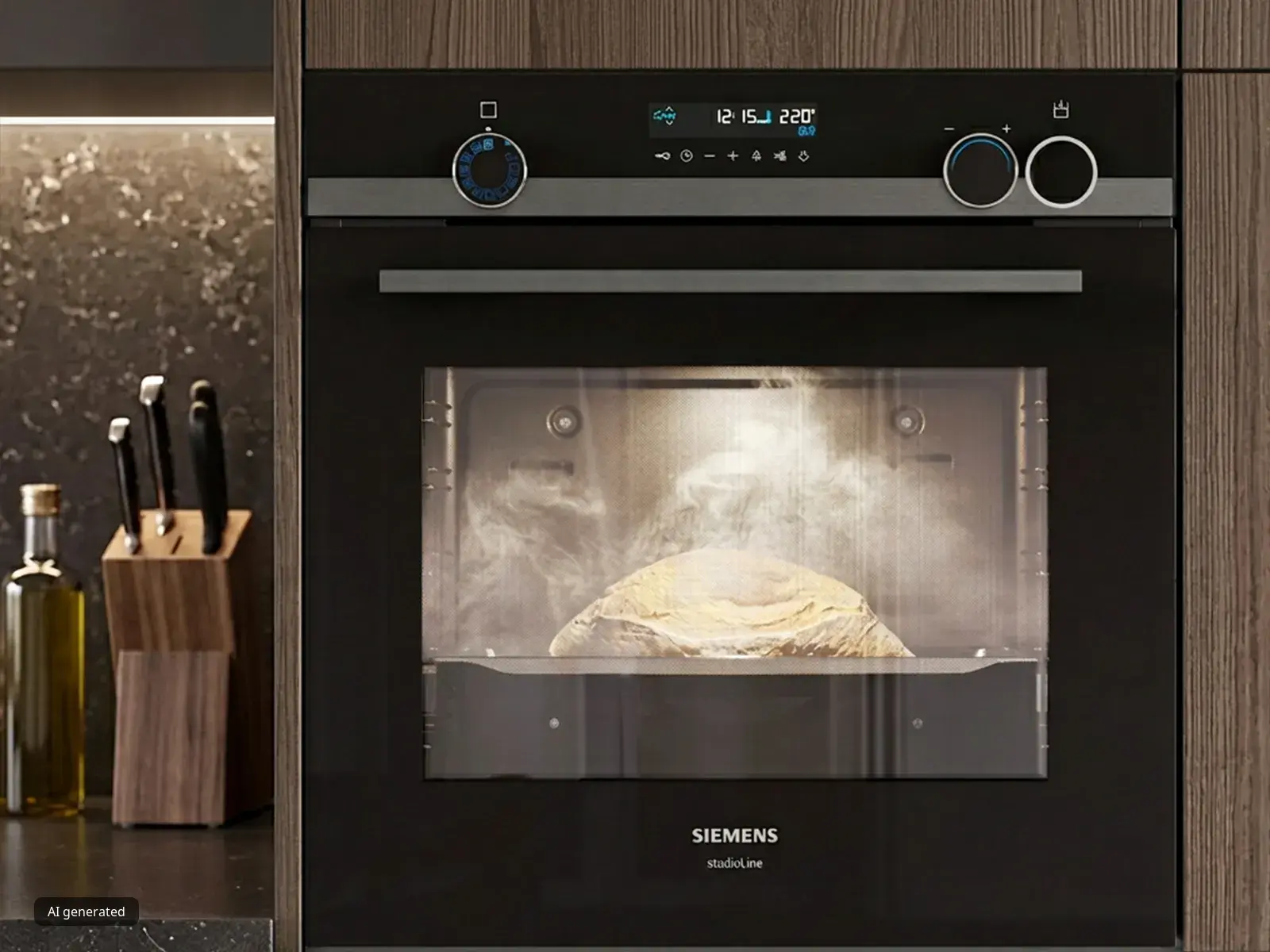 Siemens studioLine oven baking bread with steam. Digital display shows 12:15, 220°.