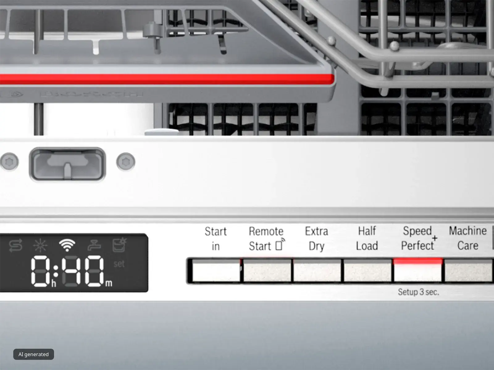 Dishwasher control panel with various settings and digital display showing time.