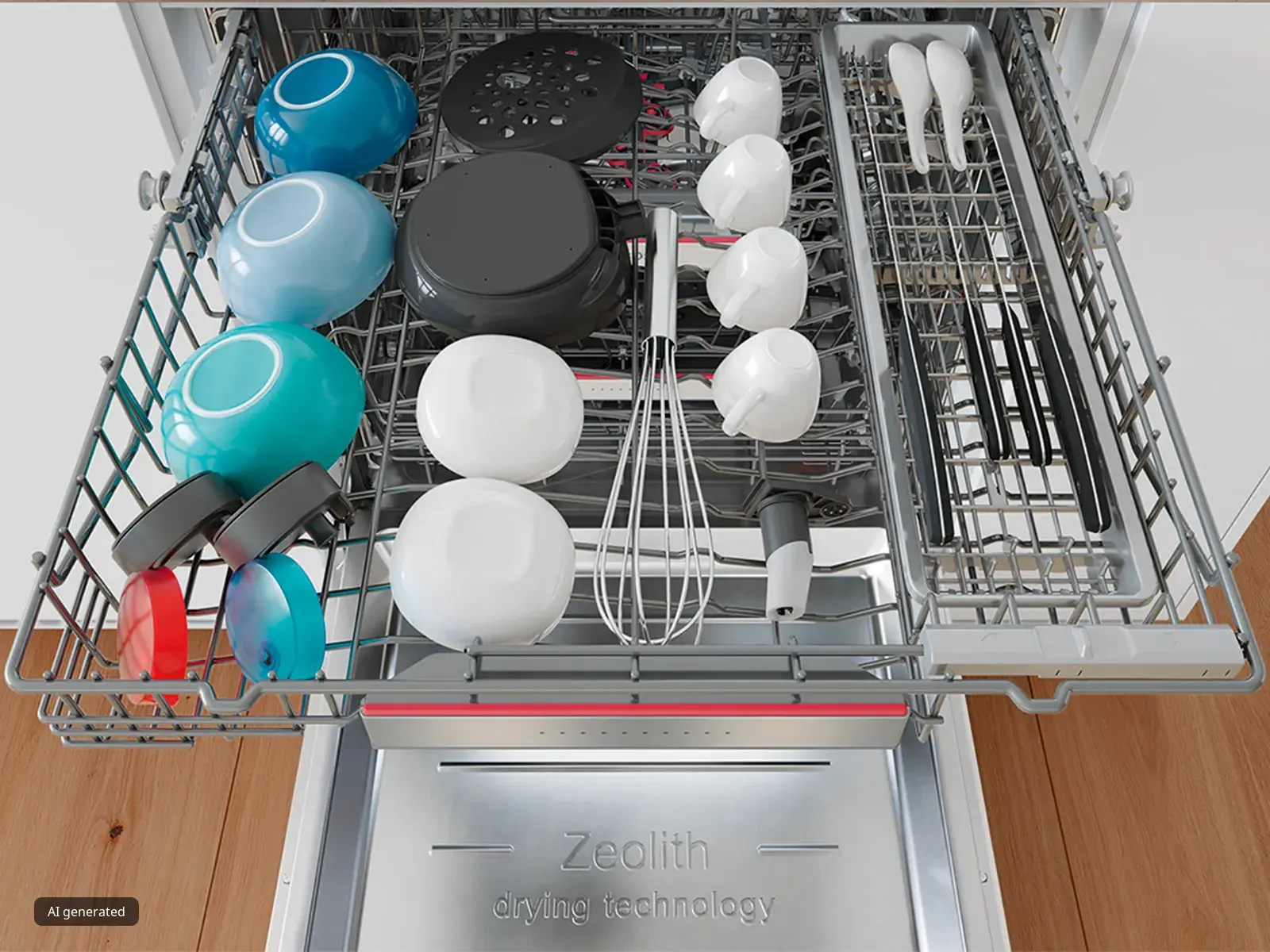 Dishwasher interior with various kitchen utensils and dishes, including blue and white bowls, pots, and a Zeolith logo.