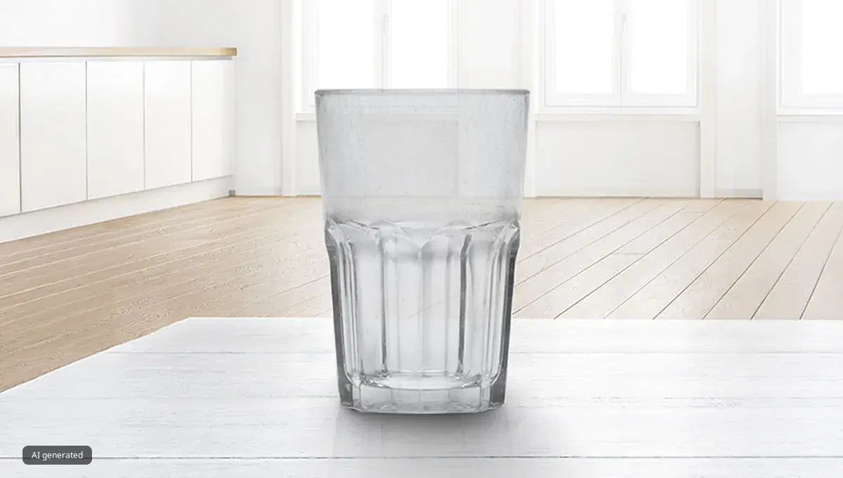 Staklena čaša na drvenom podu u svijetloj, minimalističkoj sobi.
