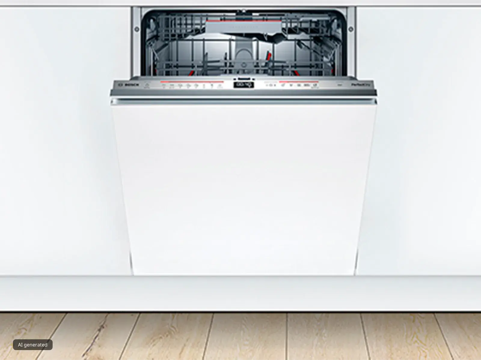 Built-in dishwasher with open door, wooden floor, and white background.