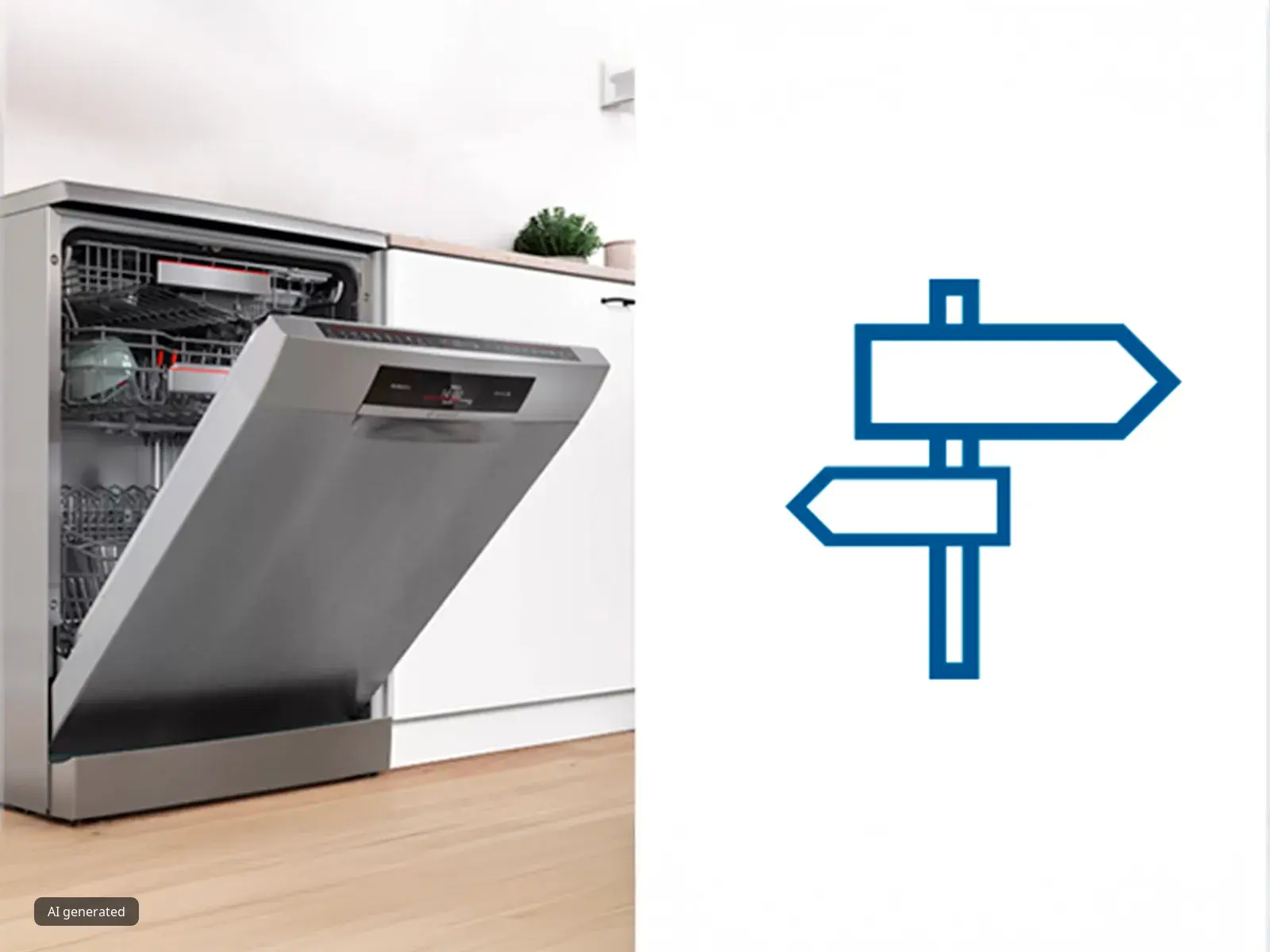 Dishwasher appliance with digital display and blue directional sign icon.