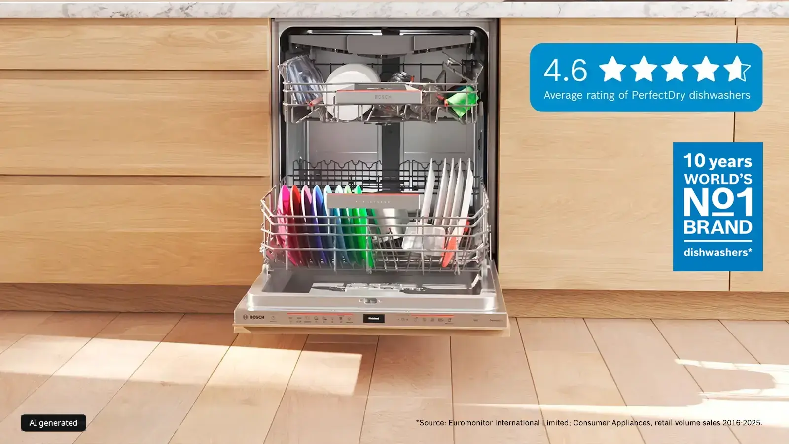 Lavavajillas Bosch abierto con platos coloridos en su interior, situado en una cocina moderna con armarios de madera.