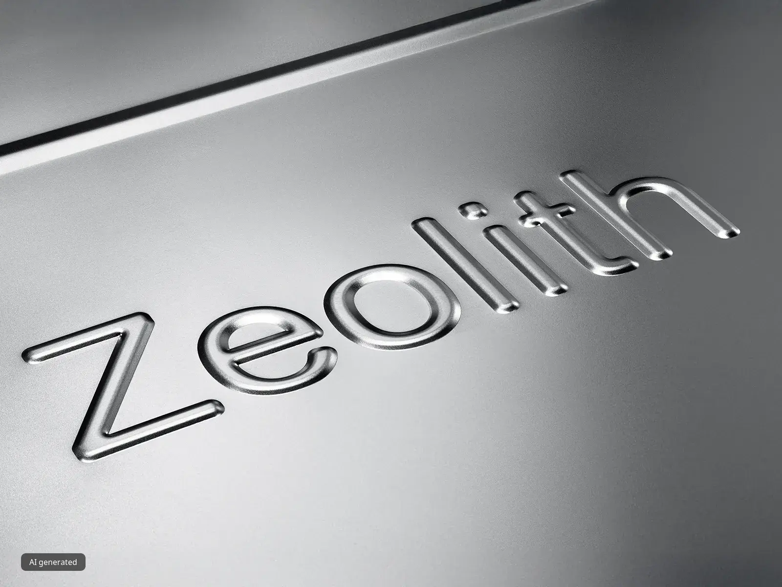 Metallinen teksti "Zeolith" sileällä, heijastavalla pinnalla.