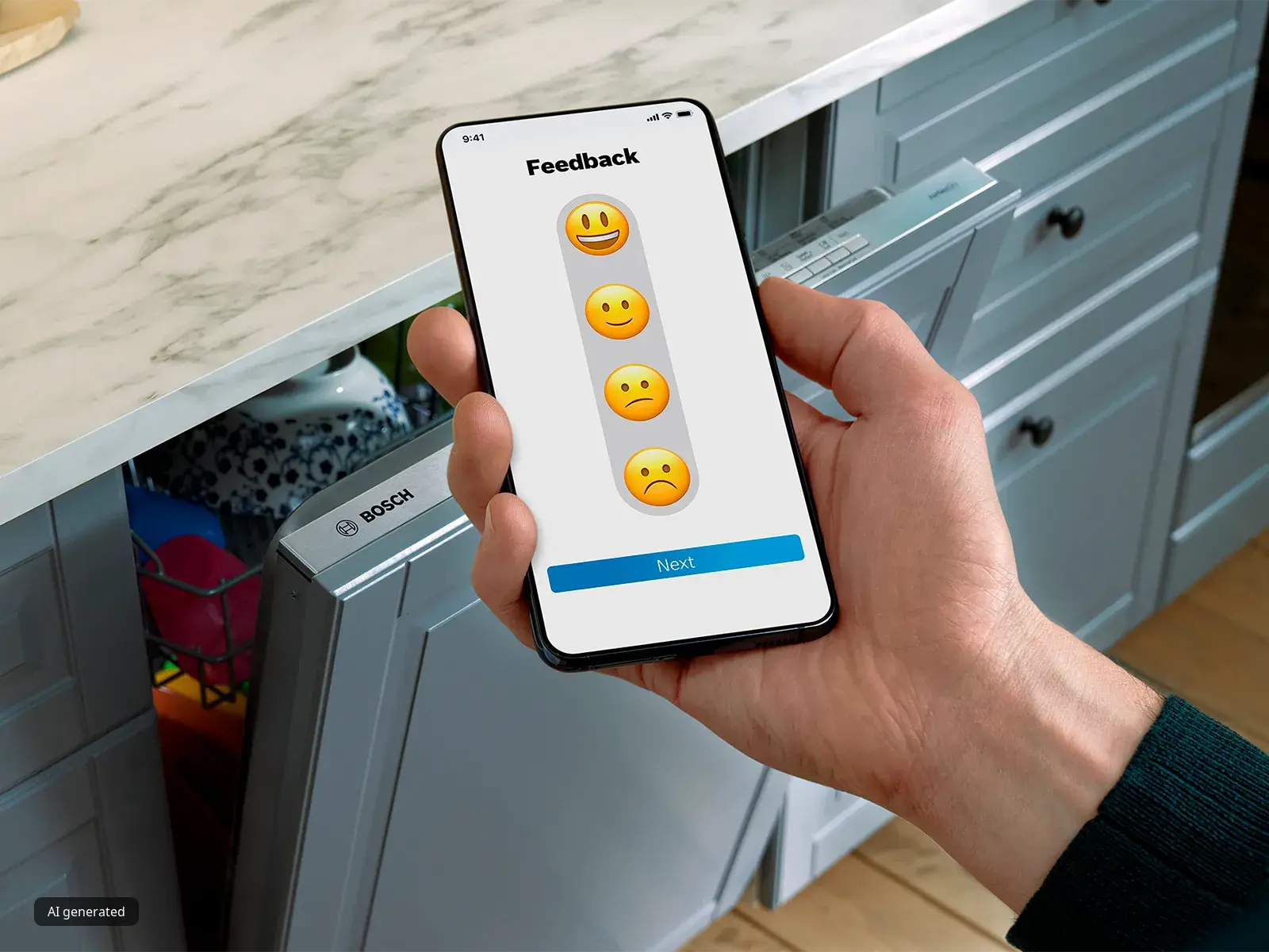 Teléfono con emojis y un lavavajillas.
