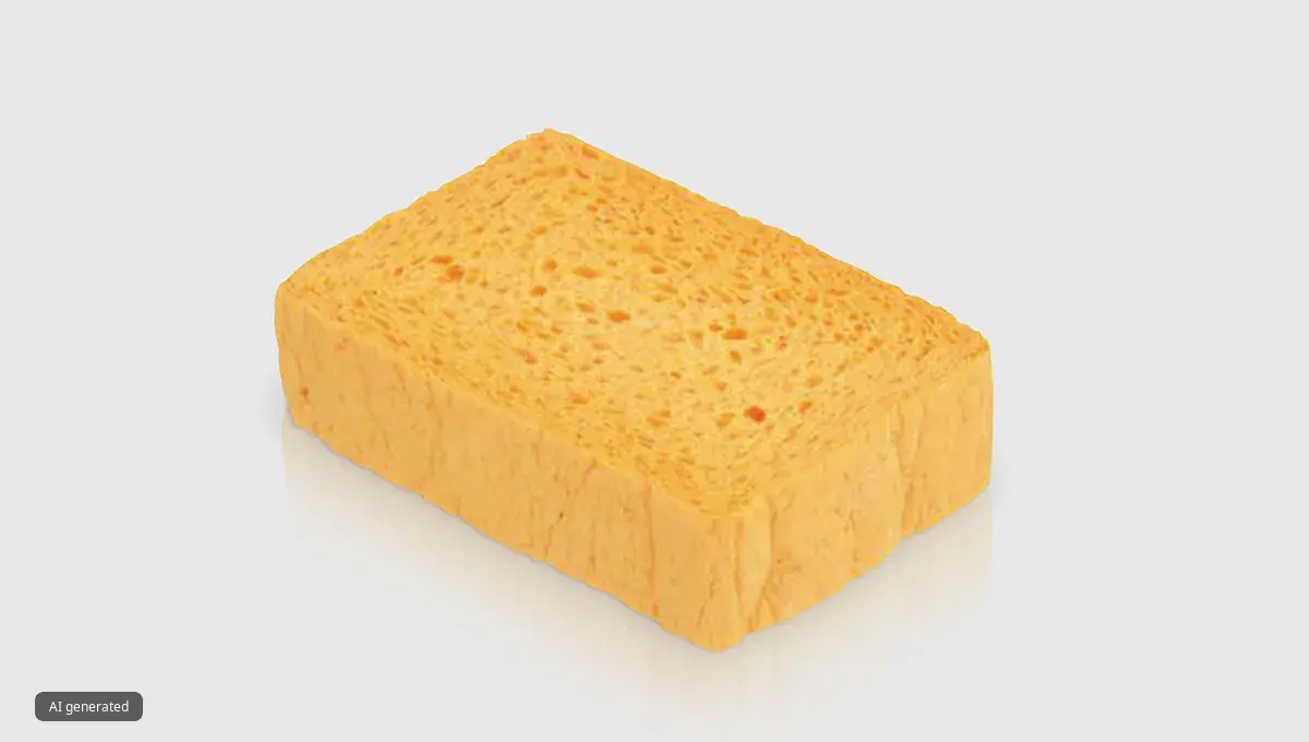 Keltainen suorakulmainen sieni, jolla on huokoinen rakenne.