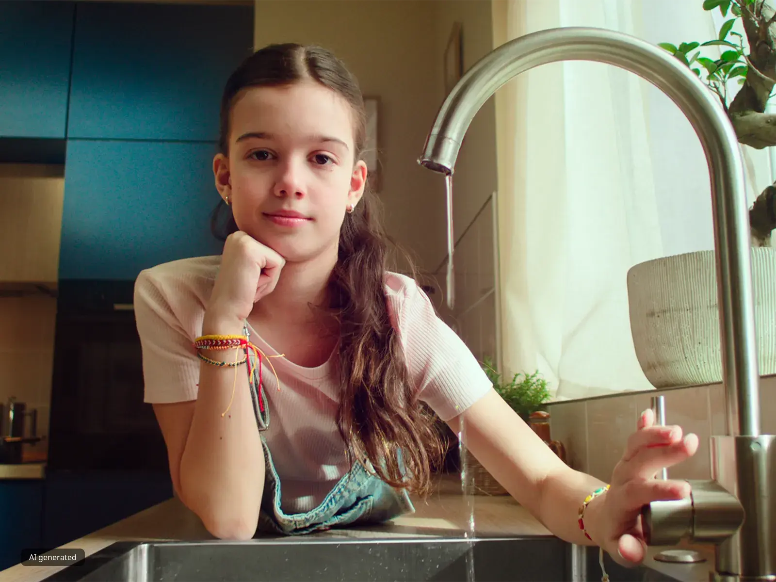 Ragazza che chiude il rubinetto dell'acqua - ragazza sdraiata sul piano di lavoro della cucina.