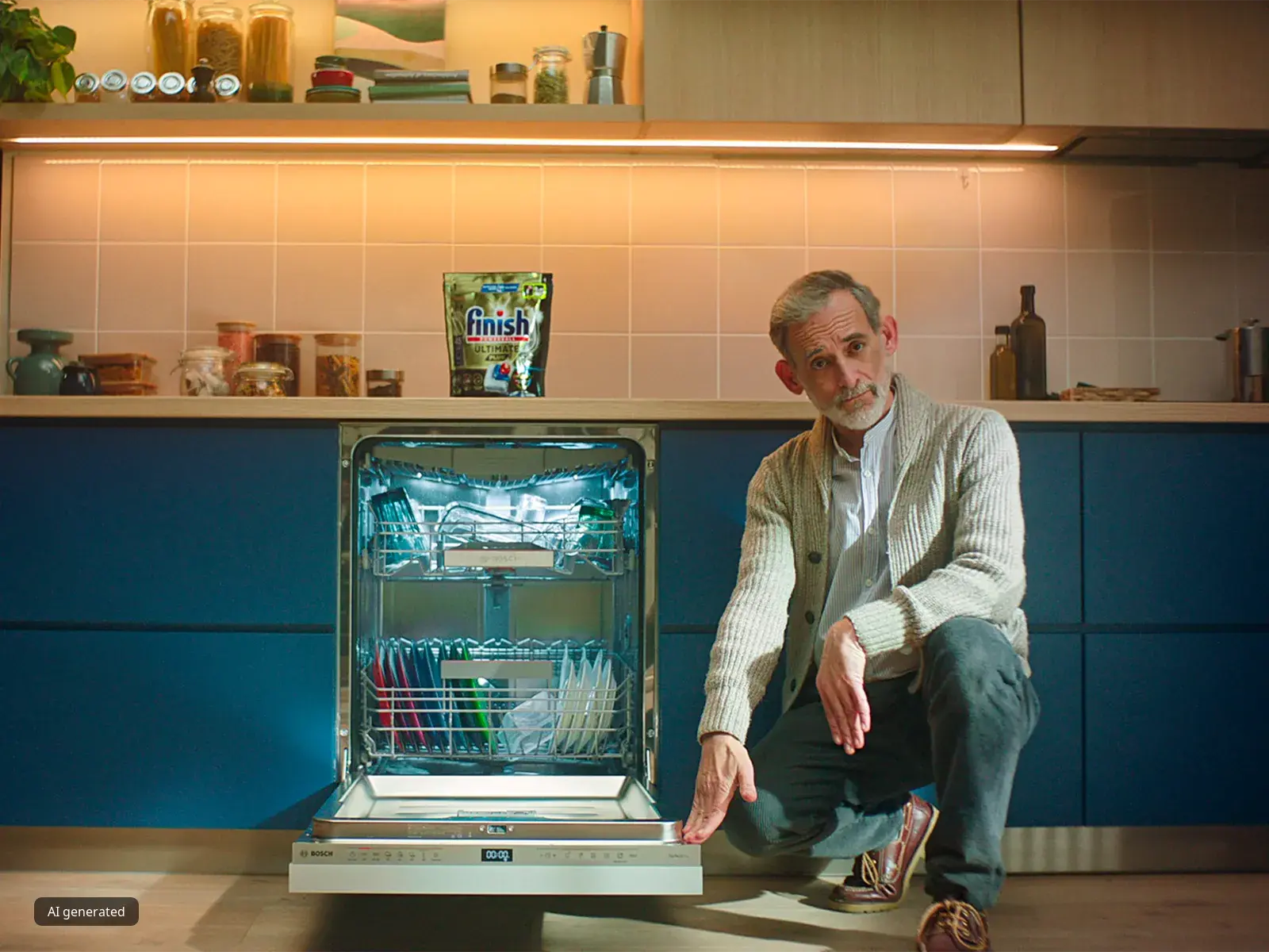 Man opening the dishwasher hand on dishwasher door.