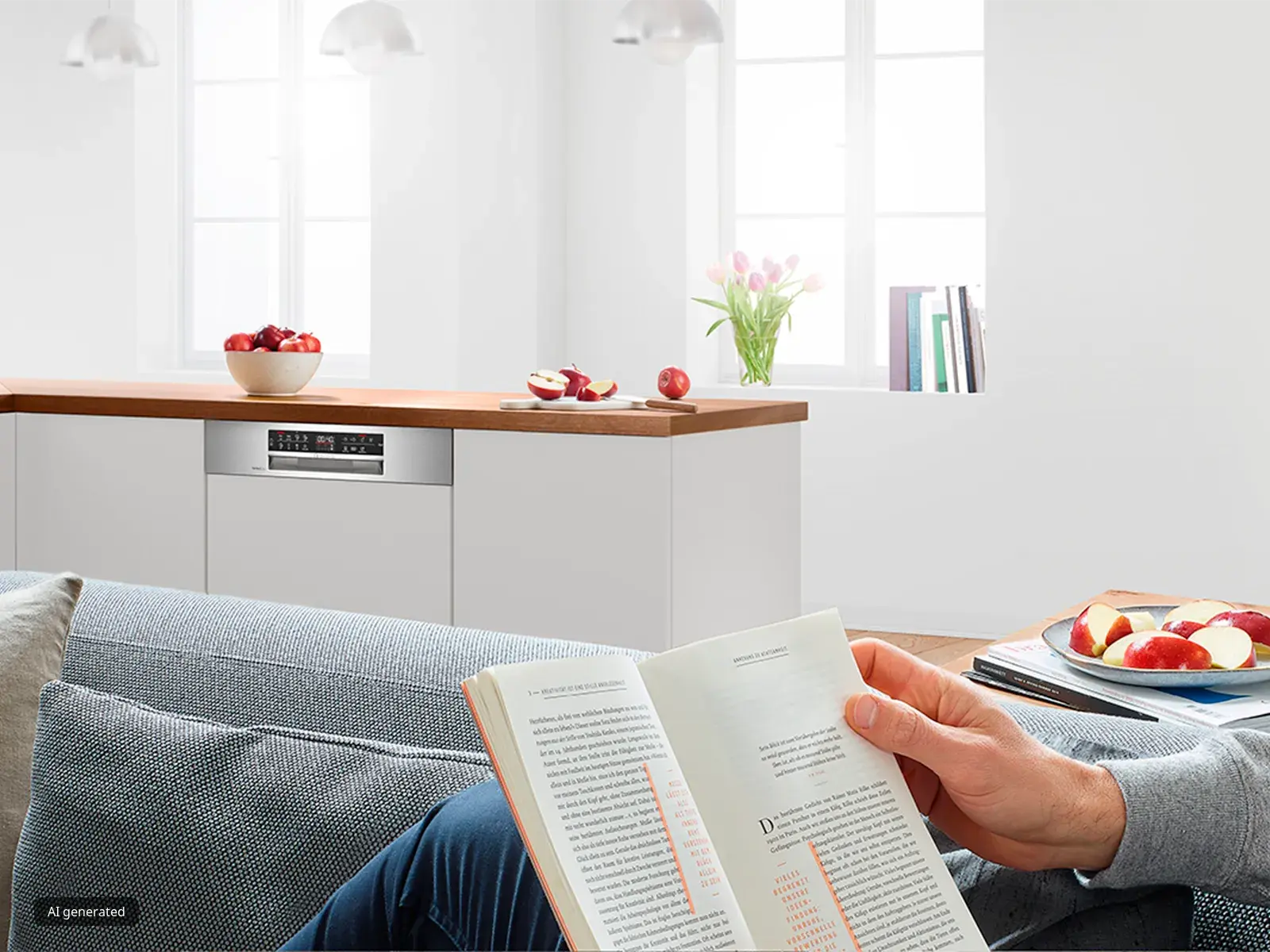 Person reading on sofa while a Bosch dishwasher runs quietly in the background.